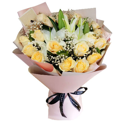 大同17朵香槟玫瑰百合，爱不惧风雨
