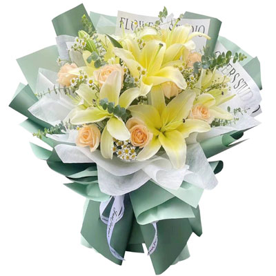 大同9朵香槟玫瑰黄色百合，每天充满活力